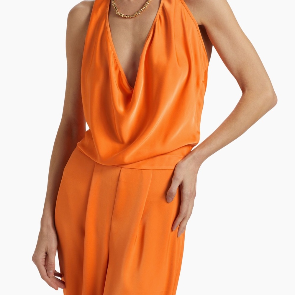 Ramy Brook Harriet Satin Sleeveless Jumpsuit in Mango with flowy Wide-Leg